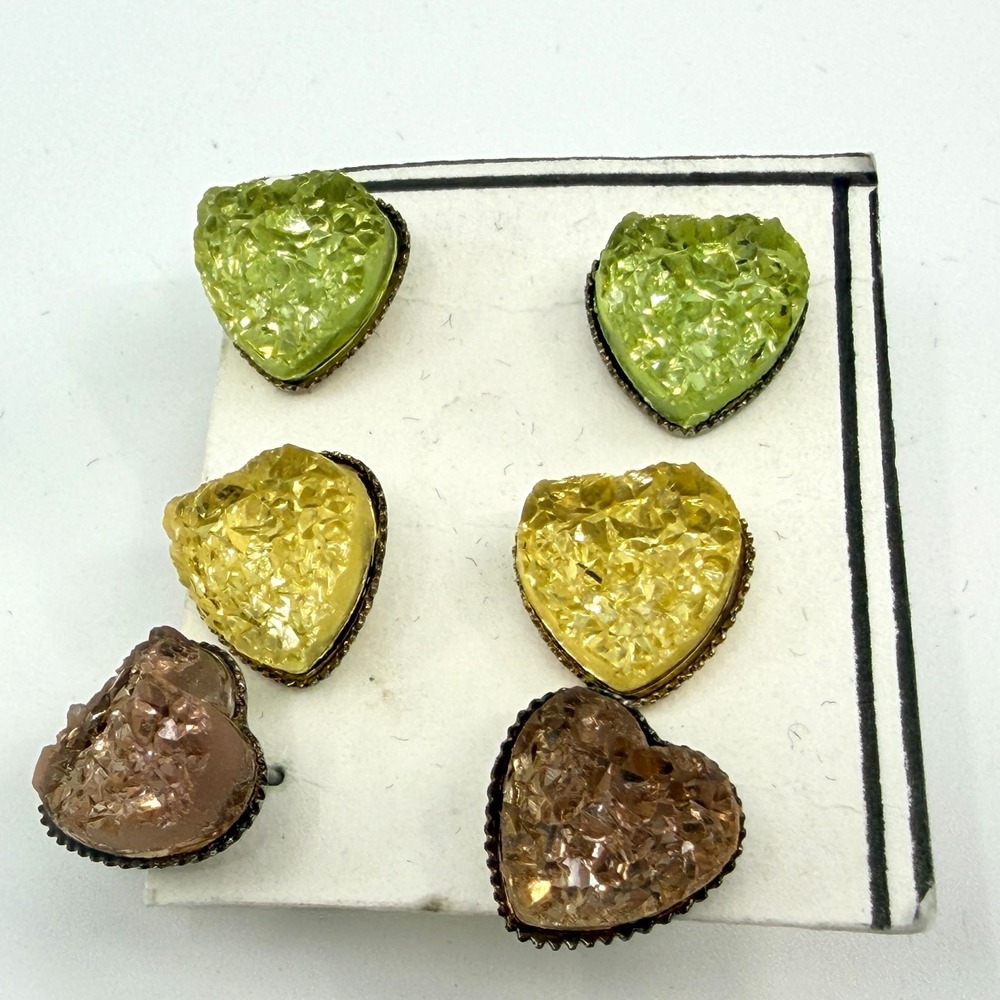 VTG Faux Druzy Heart Stud Earrings Set - 3 Pairs Green Yellow Bronze